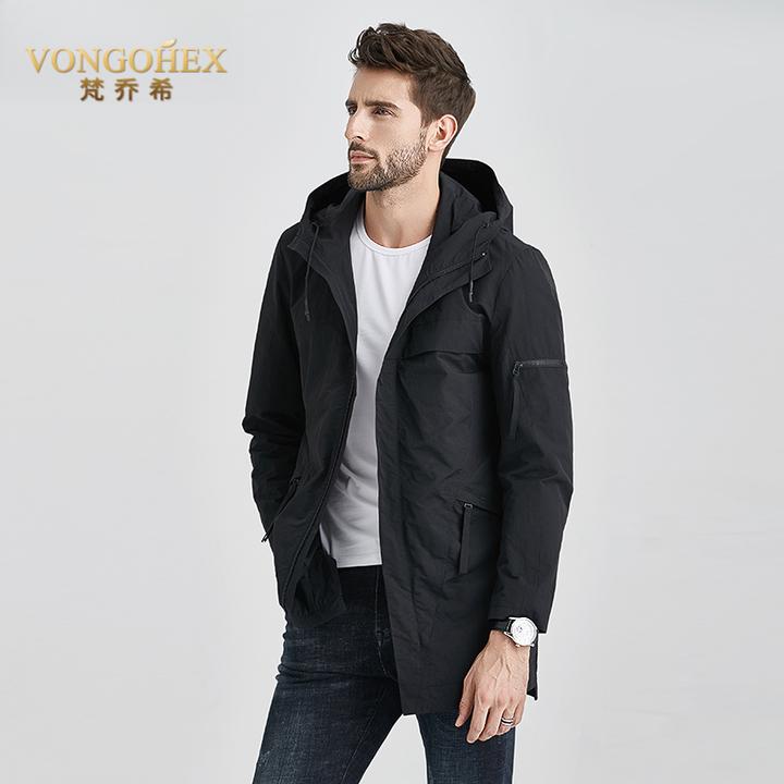 VONGOHEX连帽中长款风衣男外套春秋季防风休闲夹克上衣男装潮流