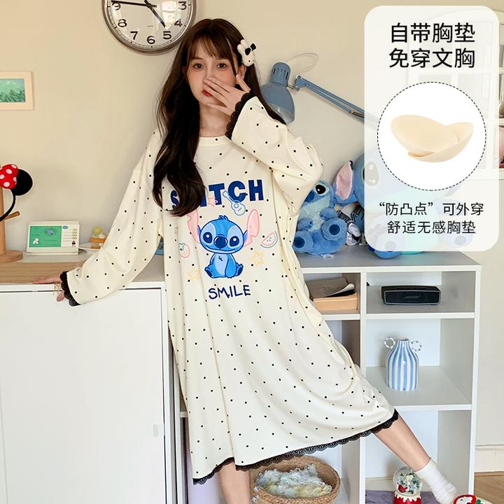 Disney/迪士尼春秋新款套头长袖带胸垫睡衣女简约休闲家居服0147