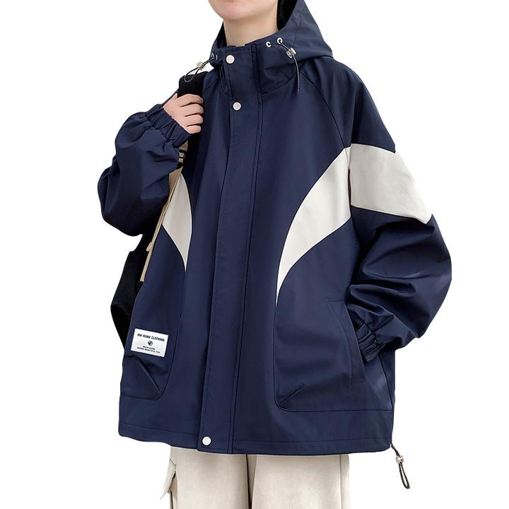 春季新款大码夹克男连帽宽松工装潮牌系户外胖子男防水防风冲锋衣