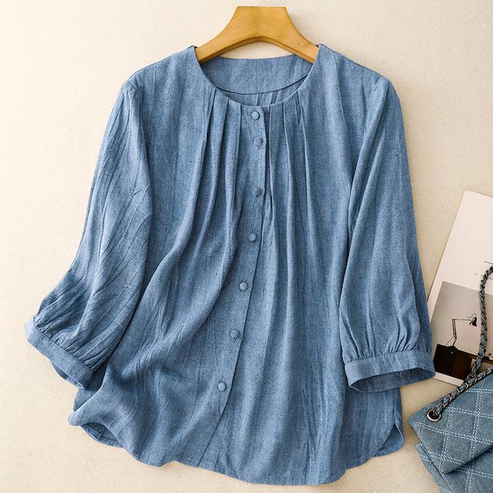 复古圆领苎麻衬衫女夏季2025新款时尚宽松棉麻七分袖上衣亚麻衬衣