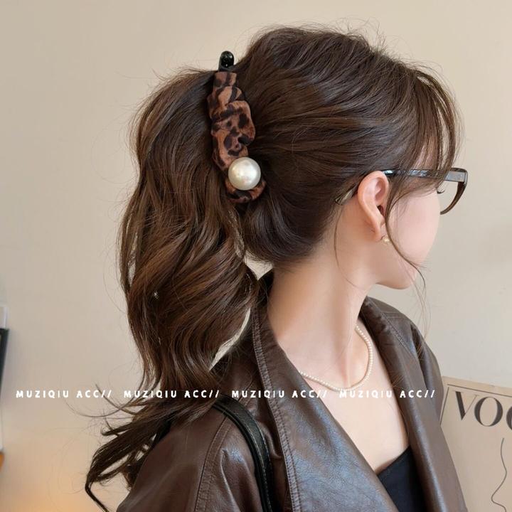 木子秋韩系复古豹纹珠珠高马尾香蕉夹高级感气质时尚优雅百搭发夹