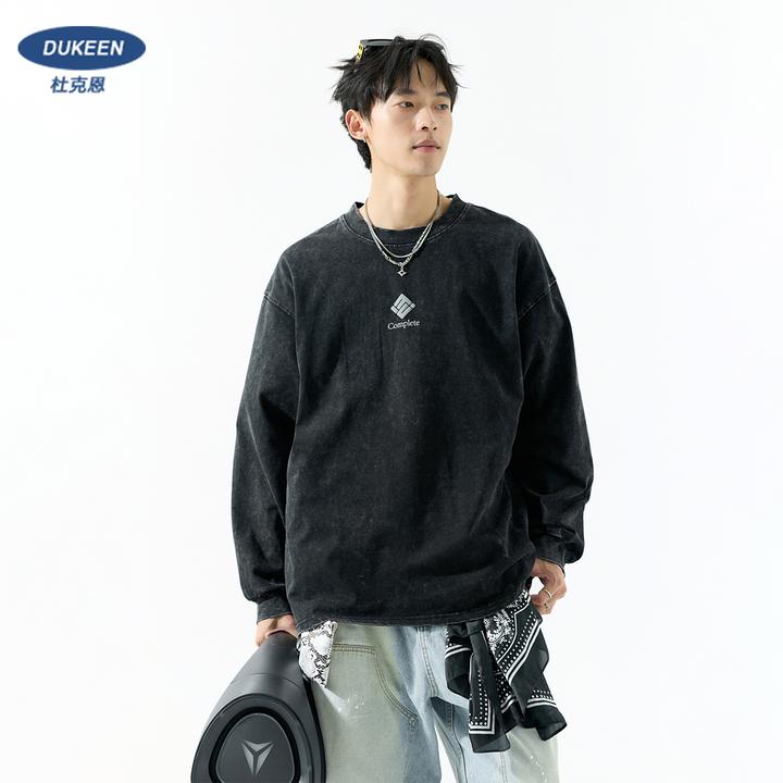 杜克恩400g重磅水洗复古做旧圆领卫衣秋美式发泡印花纯棉长袖T恤