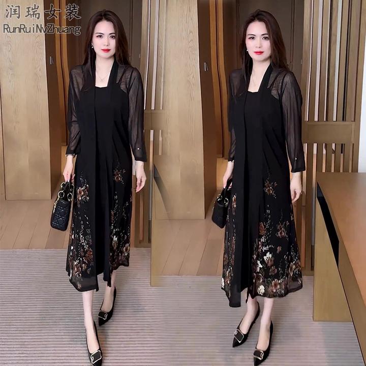 时尚套装薄款中长款风衣外套女装防晒衬衫妈妈装外搭两件套大码潮