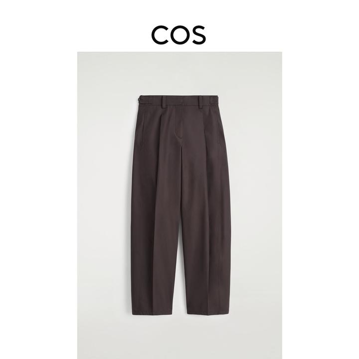 COS女装桶形褶裥棉质长裤深棕色流光风2025秋季新品1300899002