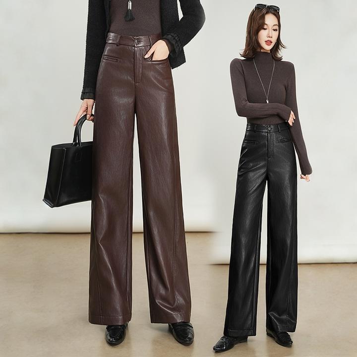时尚高腰阔腿裤女2025秋冬新款宽松垂感通勤长裤显瘦百搭休闲皮裤