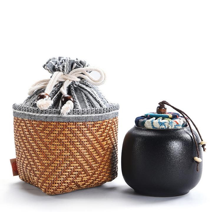 粗陶日式竹编布包茶叶罐密封罐陶瓷家用防潮储茶罐中秋送礼伴手礼