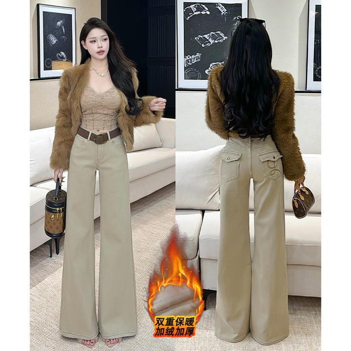 乔栈加绒卡其色刺绣慵懒风微喇牛仔裤女秋冬高腰设计感气质阔腿裤