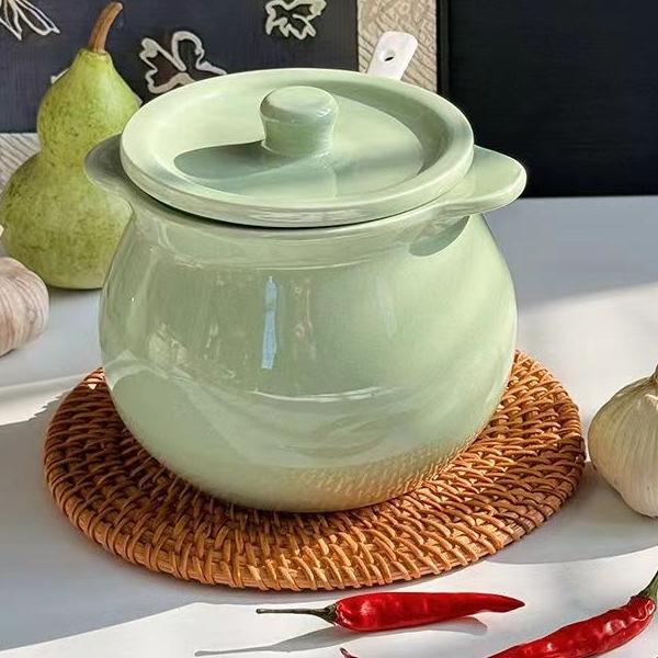家用陶瓷猪油罐大容量耐高温厨房储油罐带盖调味料罐绿色