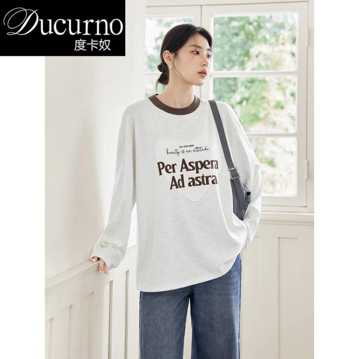 妇女的美国印花长袖t恤秋天胖毫米分层内顶底衬春季百搭春秋拼接