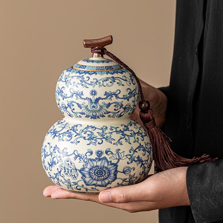 青花缠枝莲汝窑陶瓷茶叶罐大号葫芦储茶高档密封高级感茶叶储存罐