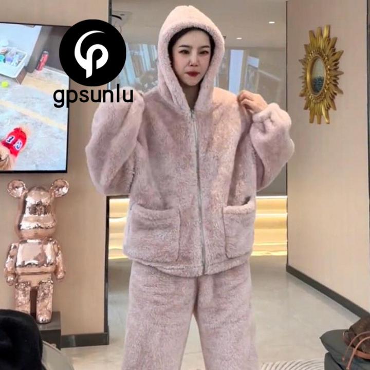韩版小众珊瑚绒睡衣女款春秋冬季款连帽毛绒加厚保暖法兰绒家居服