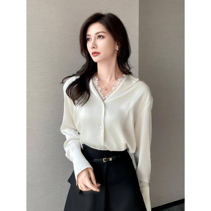法式设计高级感蕾丝拼接假两件长袖上衣职业装气质穿搭缎面衬衫女