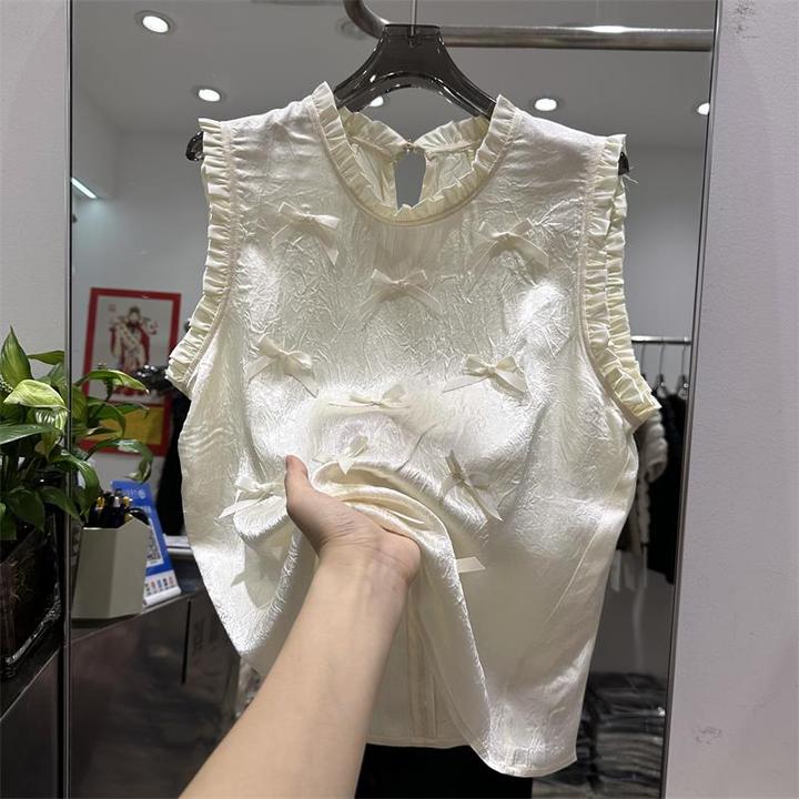 轻奢法式醋酸缎面衬衫女立体蝴蝶结无袖背心夏钉珠木耳边坎肩上衣