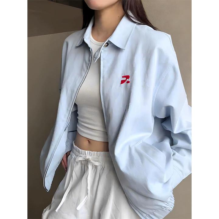 蓝色美式工装短款外套男女秋季cleanfit翻领哈灵顿夹克情侣棒球服