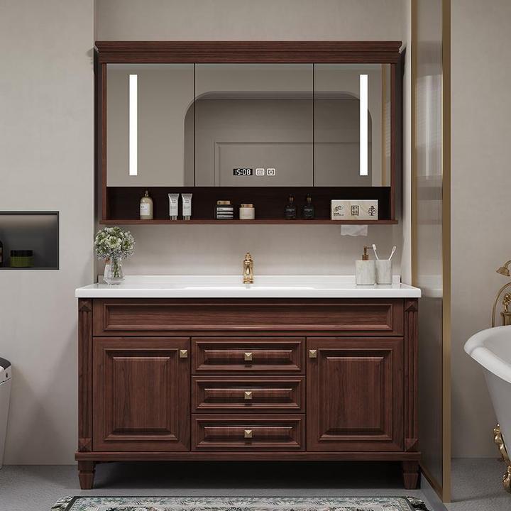 实木橡木浴室柜陶瓷一体盆组合智能镜子陶瓷盆新美式落地洗漱台环