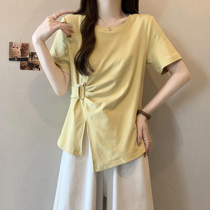 夏季新款大码国风不对称收腰短袖T恤女胖妹妹设计感气质显瘦上衣