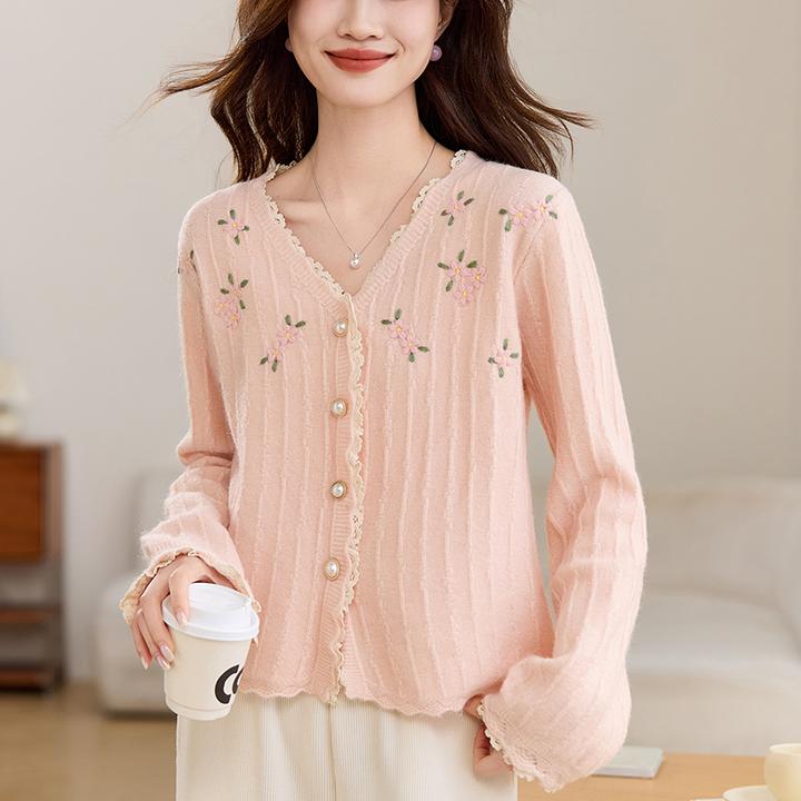 花边V领毛衣外套漂亮绣花气质针织衫2025新款春季小香风薄款开衫