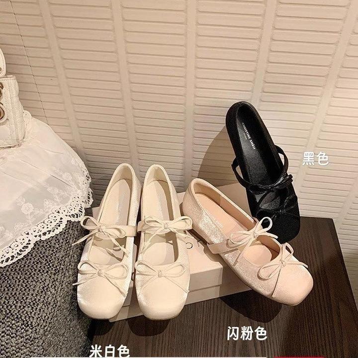 增高玛丽珍鞋圆头方蝴蝶结单鞋新款粘胶鞋珠片舒适百搭显瘦内增高
