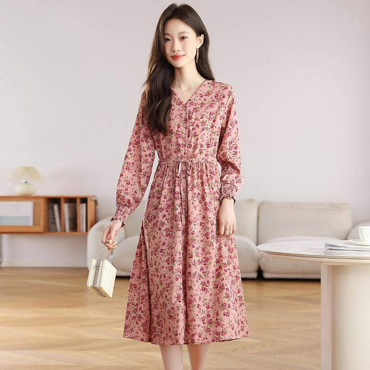 欧洲站秋季新款法式时尚过膝绑带收腰气质显瘦长袖粉色碎花连衣裙
