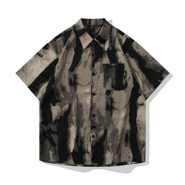 夏季条纹清爽冰丝薄款花衬衫男士短袖宽松情侣五分袖ins帅气衬衣