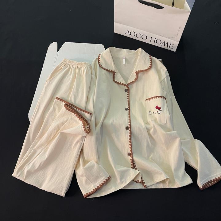 纯棉睡衣女春秋季可外穿2025新款长袖大码杏色kt猫套装时尚家居服