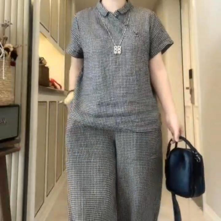 Y时尚百搭休闲夏装套装上档次女装宽松上衣裤子格子两件套女上衣