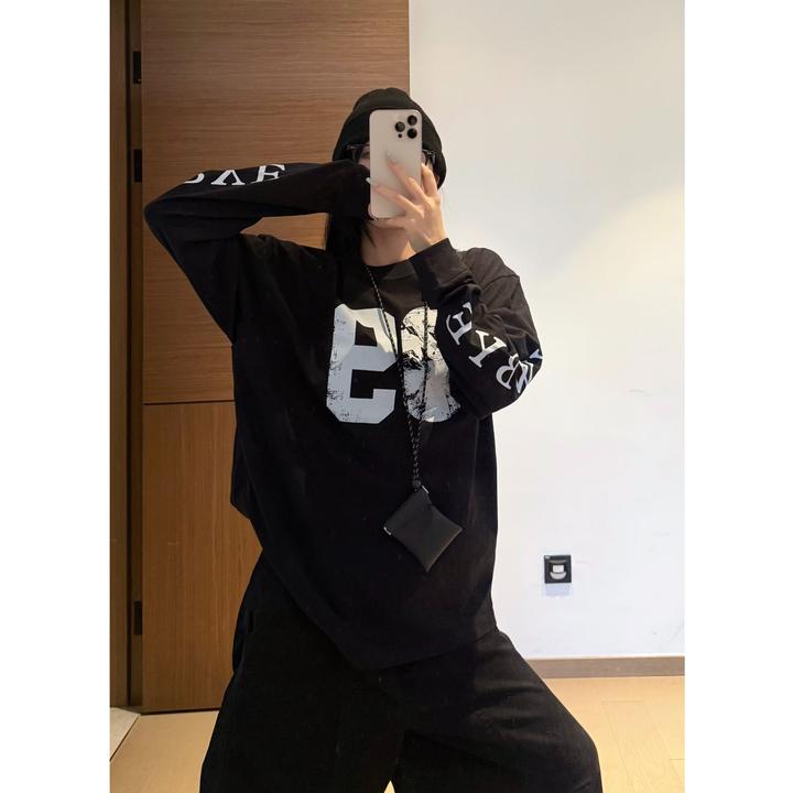 YWBY秋冬新款女装重磅纯棉长袖T恤宽松休闲字母印花圆领上衣女