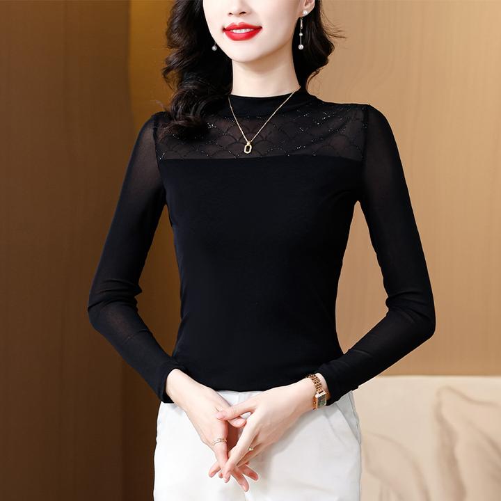2025春季新品加绒加厚内搭小衫韩版网纱蕾丝打底衫女上衣