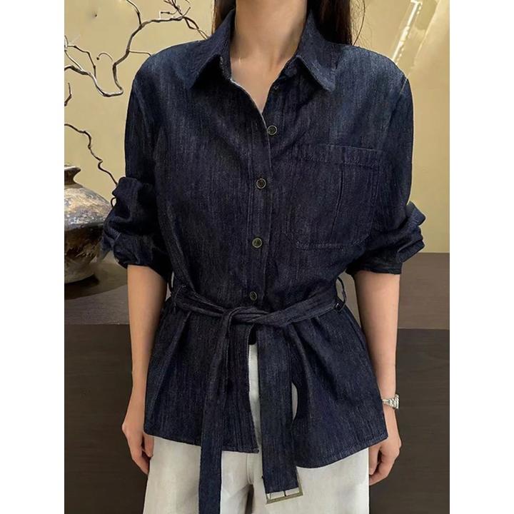 复古港风修身收腰牛仔外套女2025秋季新款设计感长袖系带衬衫上衣