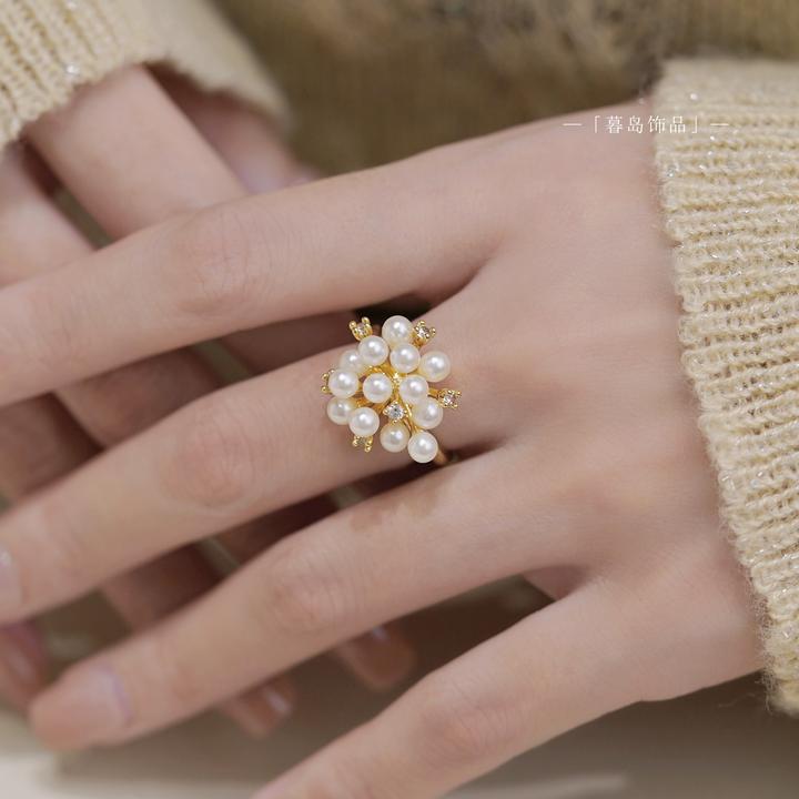 【暮岛饰品】珠珠花簇质感金色戒指百搭小众A025