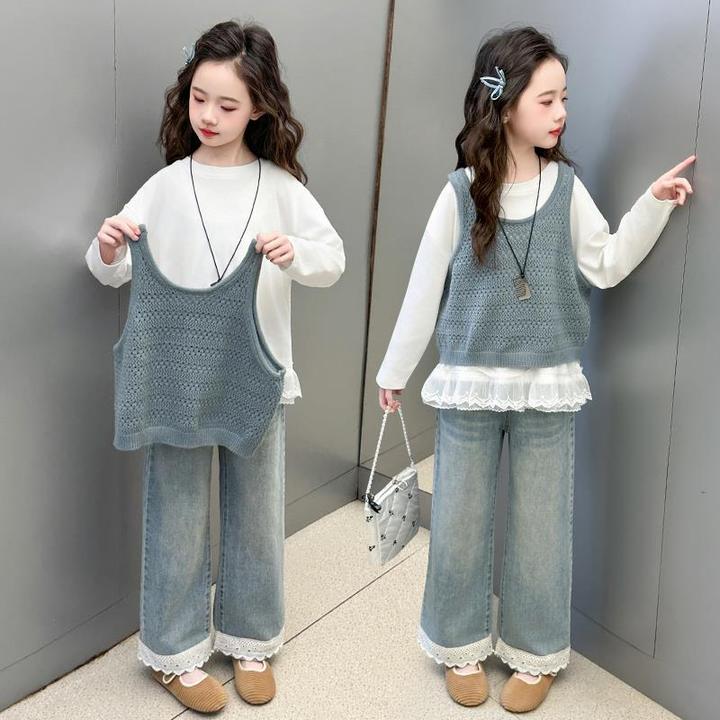 女童春装套装2025新款洋气儿童针织马甲花边t恤牛仔阔腿裤三件套