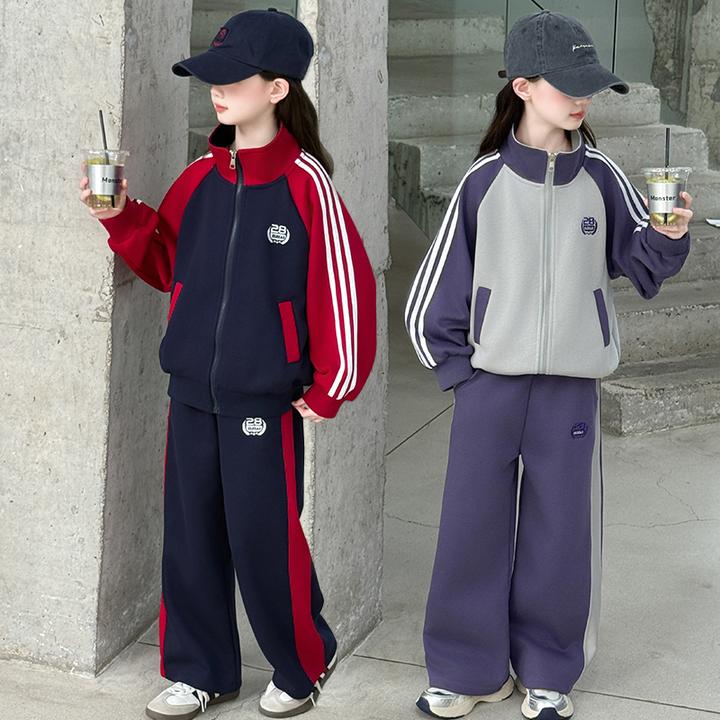 女童休闲套装春秋款2025新款小女孩运动风两件套条纹洋气宽松秋装