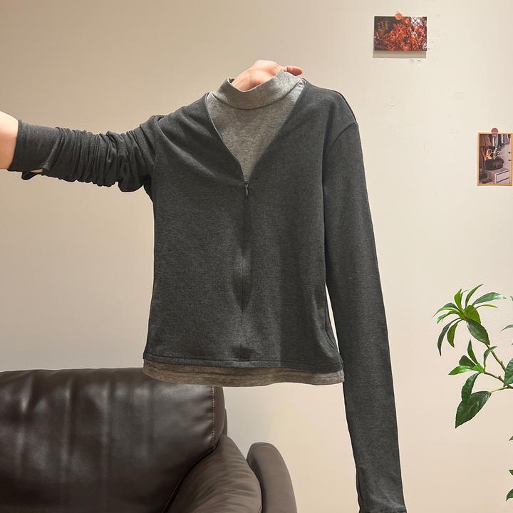 假两件设计感半高领长袖T恤女2026秋冬新款拉链内搭打底上衣