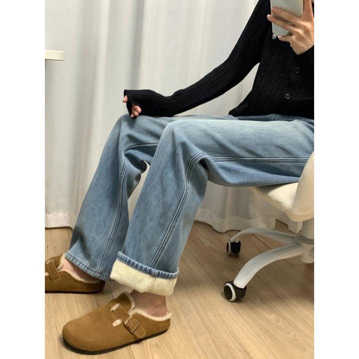 大码高腰水洗美式宽松直筒牛仔裤女秋冬加绒垂感百搭拖地阔腿裤子