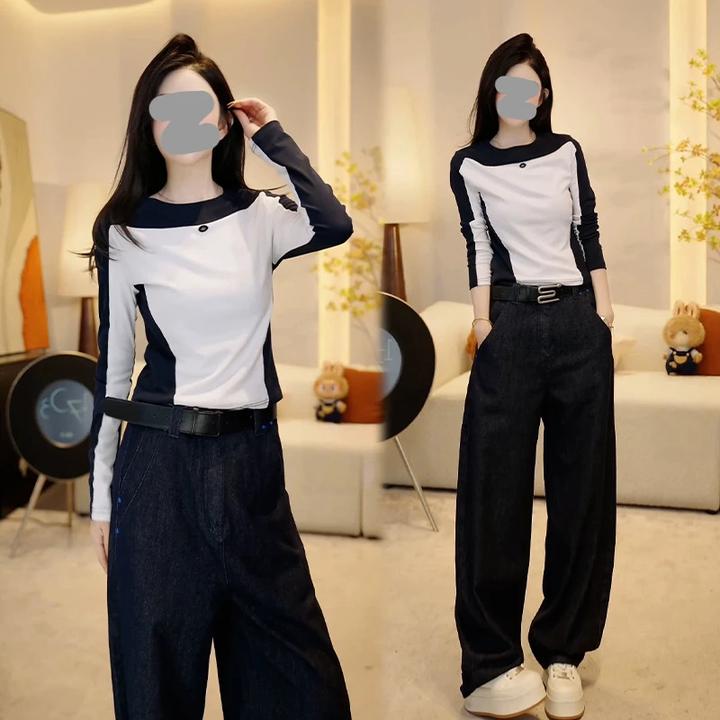 秋季2025新款欧货长袖休闲打底圆领T恤女修身百搭拼色小个子上衣