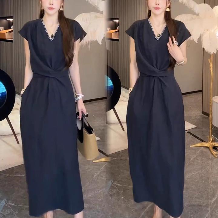 纯色收腰显瘦2025夏新款连衣裙时尚休闲宽松V领短袖中长款裙子