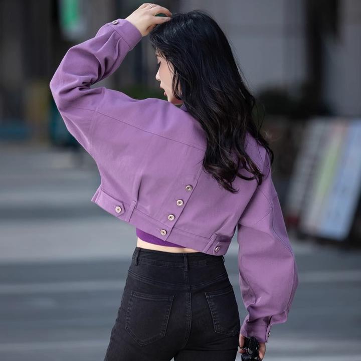紫色超短款牛仔外套女春秋天减龄外套2025年新款独特宽松小款上衣