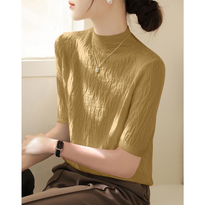 小众别致针织衫上衣女夏季新款半高领高级肌理感纹理中袖修身打底