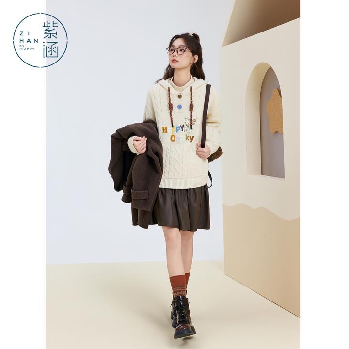 紫涵麻花连帽针织衫女25冬季新款字母小狗刺绣套头毛衣Z5Z11AS320