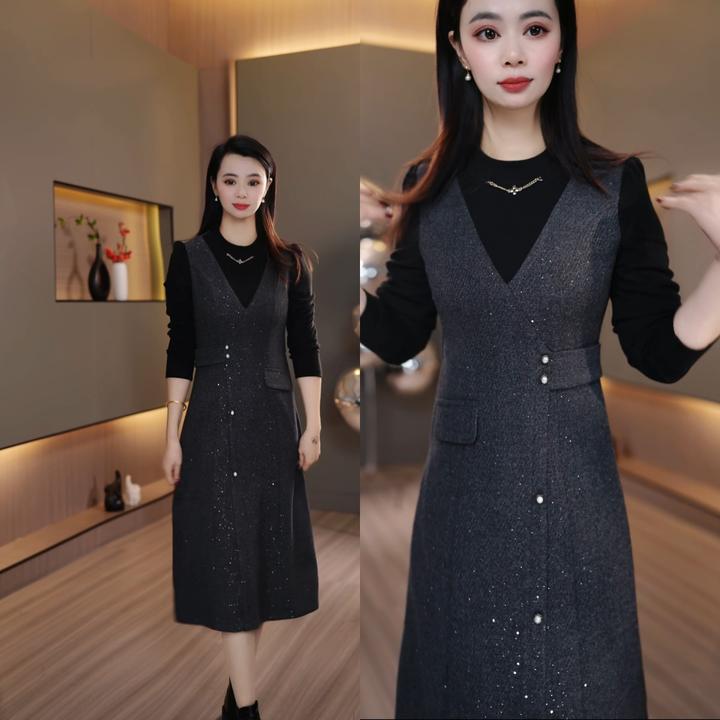 N008灰色满天星连衣裙假两件不对称腰带装饰设计感加厚冬季新款