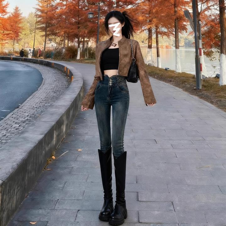 拉夏贝尔高腰加绒紧身牛仔裤女冬季2025新款加厚显瘦铅笔小脚裤子