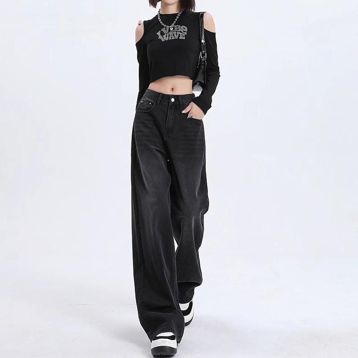 拉夏贝尔黑色显瘦裤子女美式秋装新款网红洋气炸街高腰阔腿牛仔裤