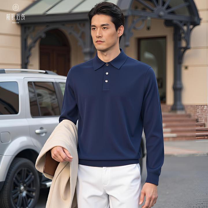 100%纯羊毛POLO衫男士秋冬翻领长袖男装纯色秋冬保暖机洗男款