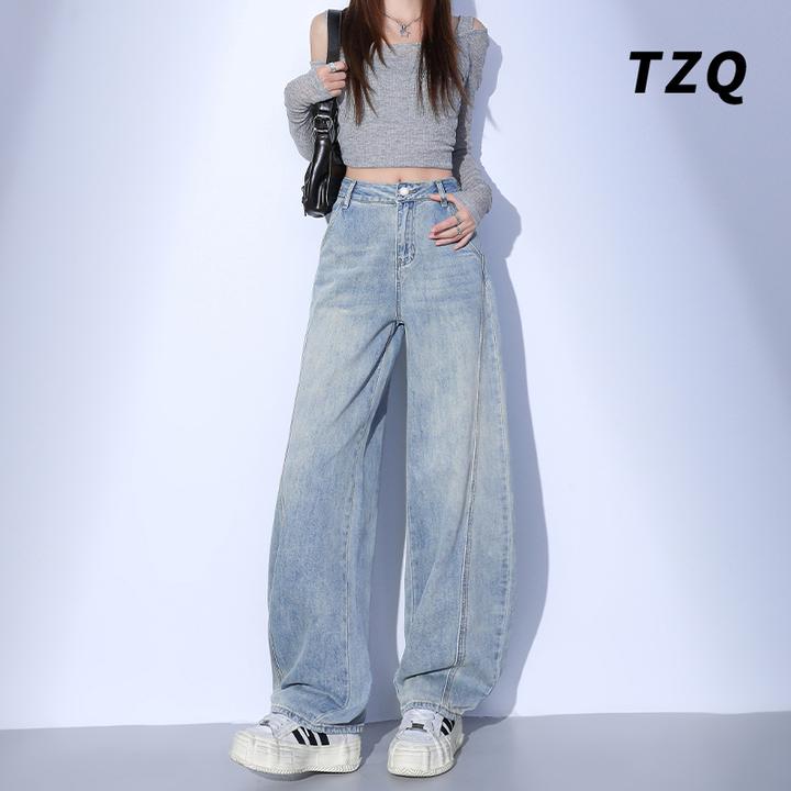 复古浅蓝色设计感弯刀阔腿牛仔裤女春秋高腰显瘦直筒裤TZQ2510905