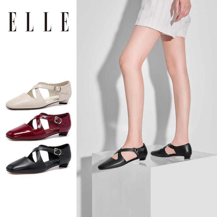 ELLE法式红色玛丽珍鞋女2025冬季新款小皮鞋交叉设计芭蕾浅口单鞋