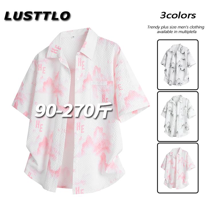 2025夏季新款男士衬衫设计感小众泡泡格扎染渐变宽松大码休闲衬衣