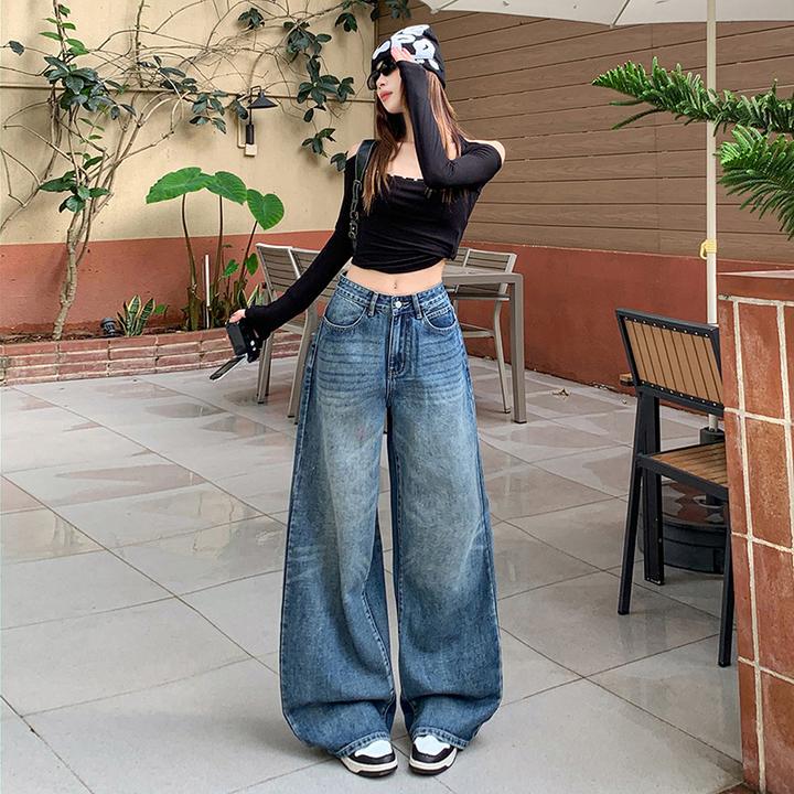 早秋美式辣妹复古高腰宽松阔腿裤垂感直筒牛仔裤牛仔裤女秋季新品
