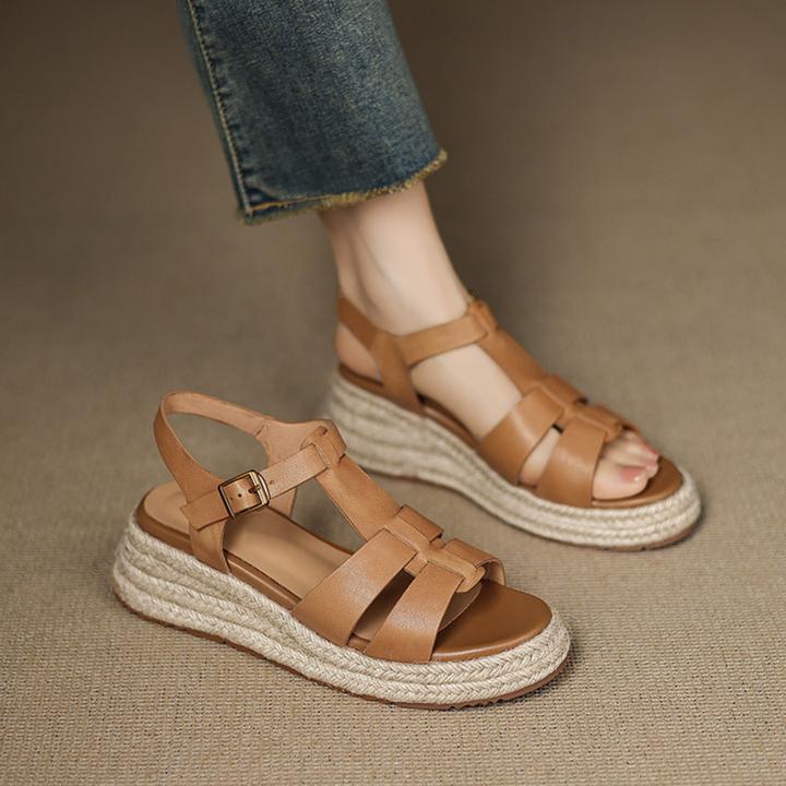 巨好看度假风草编坡跟厚底凉鞋2025夏季新款真皮编织罗马女鞋子