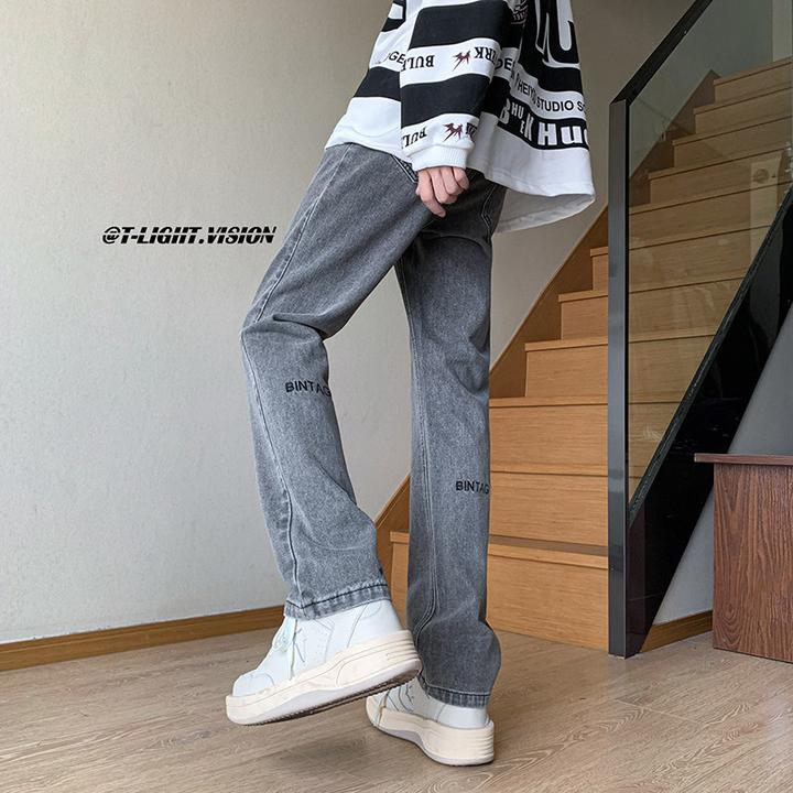 水泥色牛仔裤美式高街vibe复古裤子男款潮牌修身直筒休闲微喇长裤