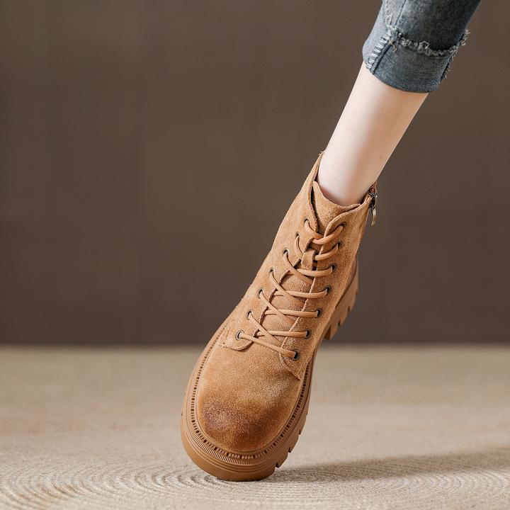 真皮松糕厚底小个子增高马丁靴女侧拉链2025秋冬新款女鞋大黄短靴